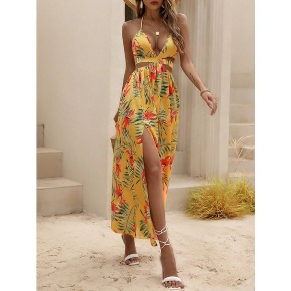 Yellow Tropical print Maxi dress with thigh slit - Picture 8 of 10